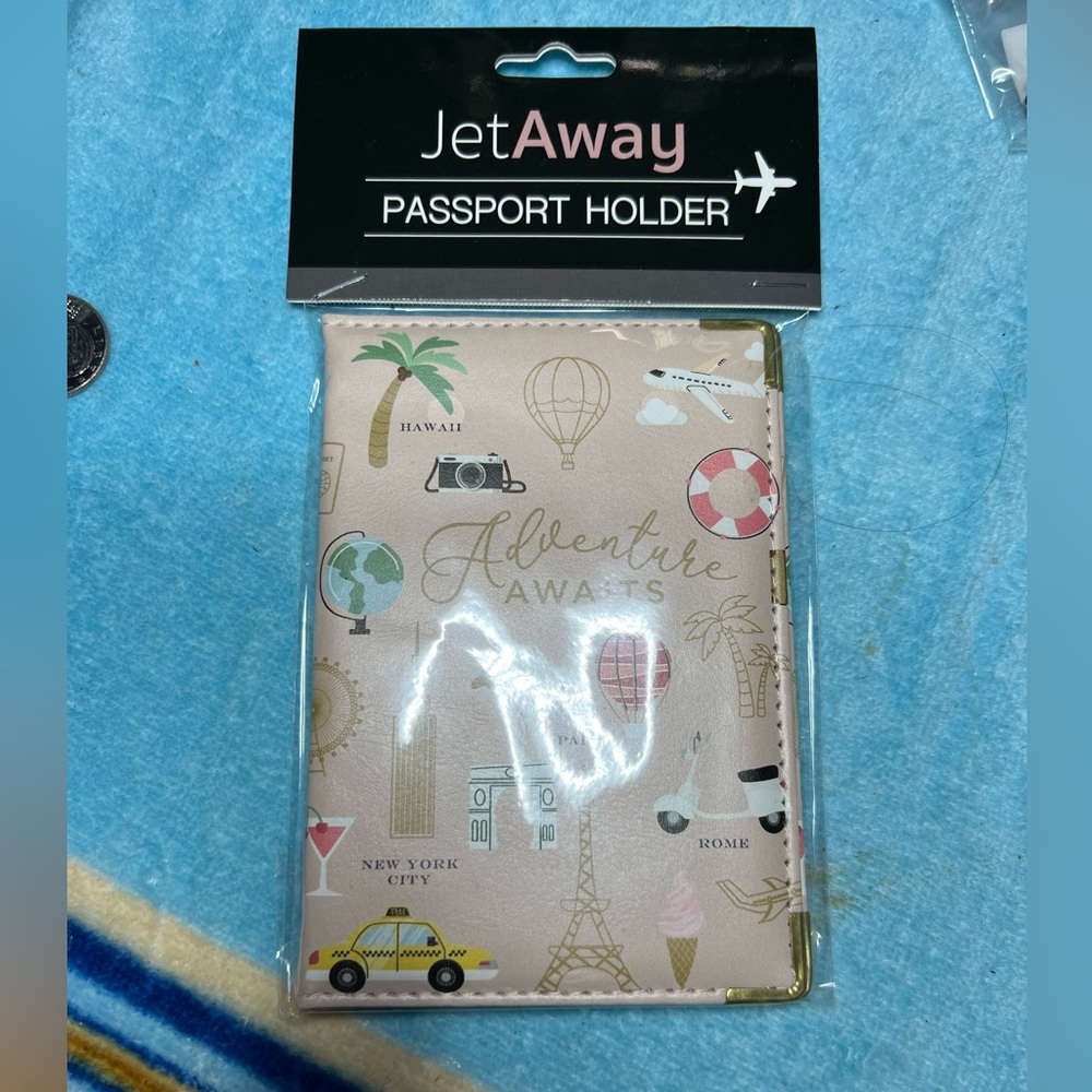 🔵Away Adventure Awaits Passport Holder with Travel Icons NEW…Travel is calling!